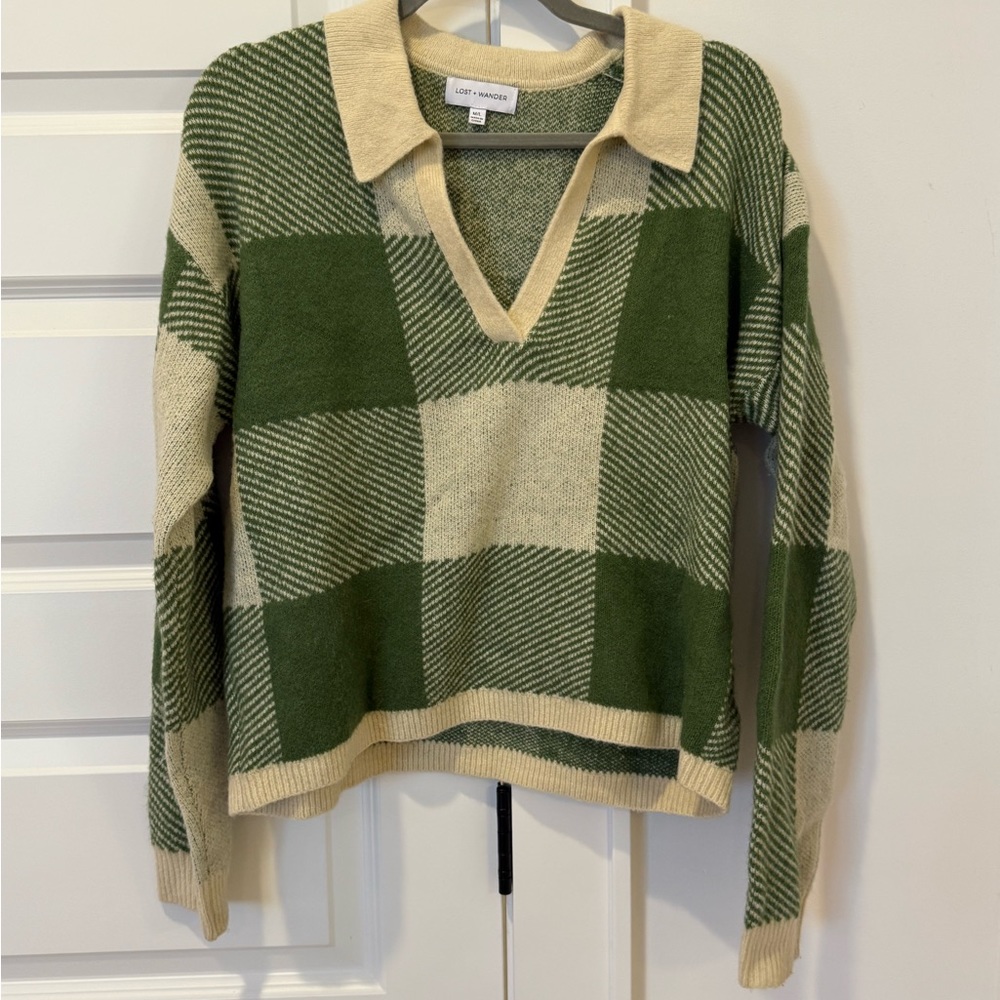 Lost + Wander Green and Cream V-Neck Sweater